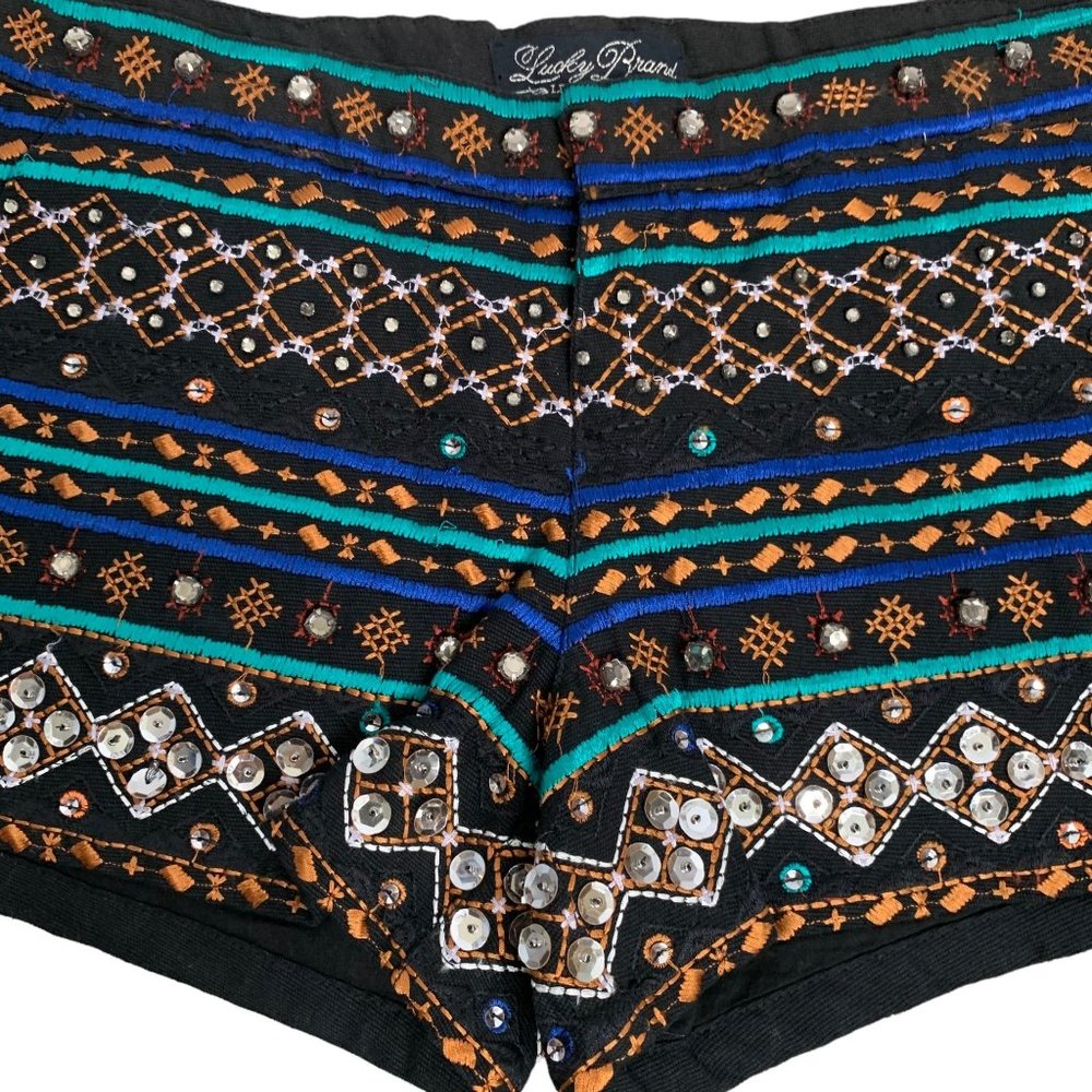 Lucky Brand Embroidered Sequin Shorts S Black Mid Rise Zip Rhinestones Cotton - Picture 2 of 6
